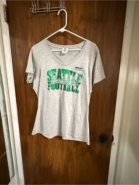 Seattle Seahawks NFL Women's Gray V-Neck Tee with Green and Blue Graphics